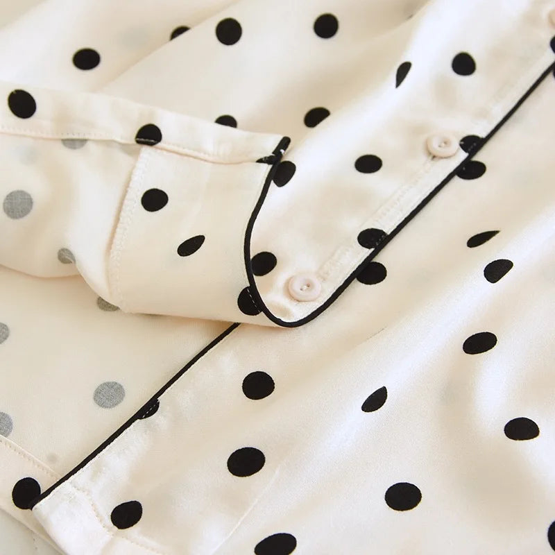 2023 Spring/Summer New Women's Pajama Set Gongsatin Cotton Women's Pajama Silk 100% Viscose Polka Dot Print Sleepwear 2-Piece