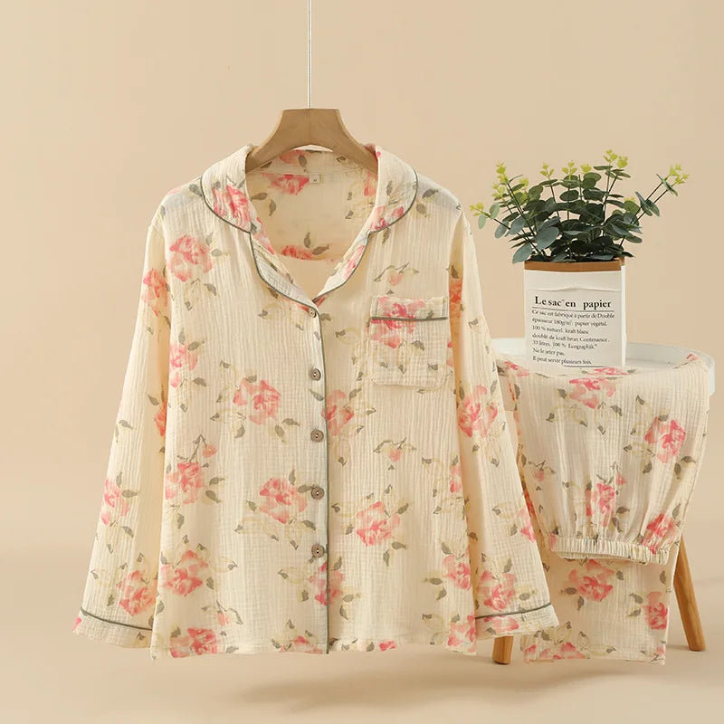 Summer women's 2-piece set of 100% pure cotton women's sleepwear bedroom set long sleeved+long pants women's sleepwear