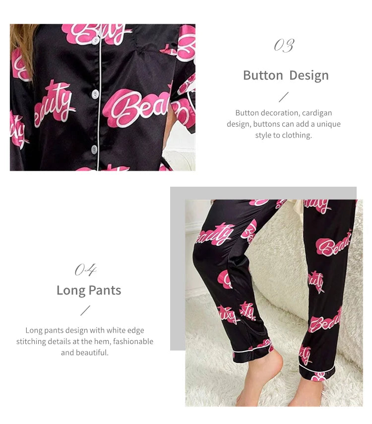 Cute Cat Print Pajama for Women Satin Long Sleeve Lapel Collar Tops & Pants Pyjama Loungewear for Fall Ladies Sleepwear Pj Sets
