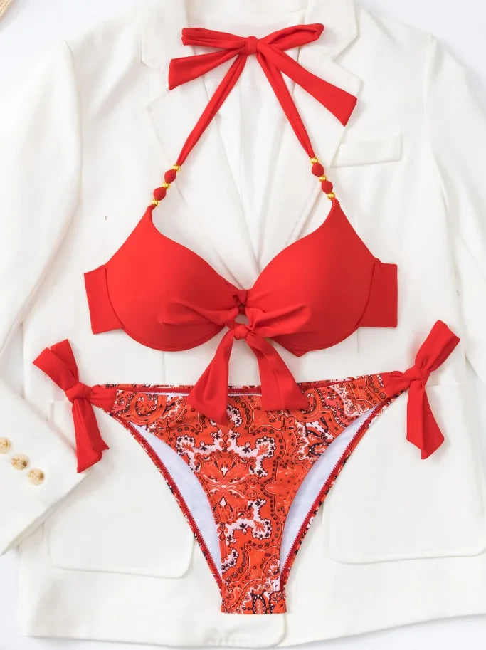 2026 Push Up Halter Bikini Printed Swimsuit Women Sexy Strappy Swimwear Female Bathers Bathing Swimming Swim Suit Beachwear