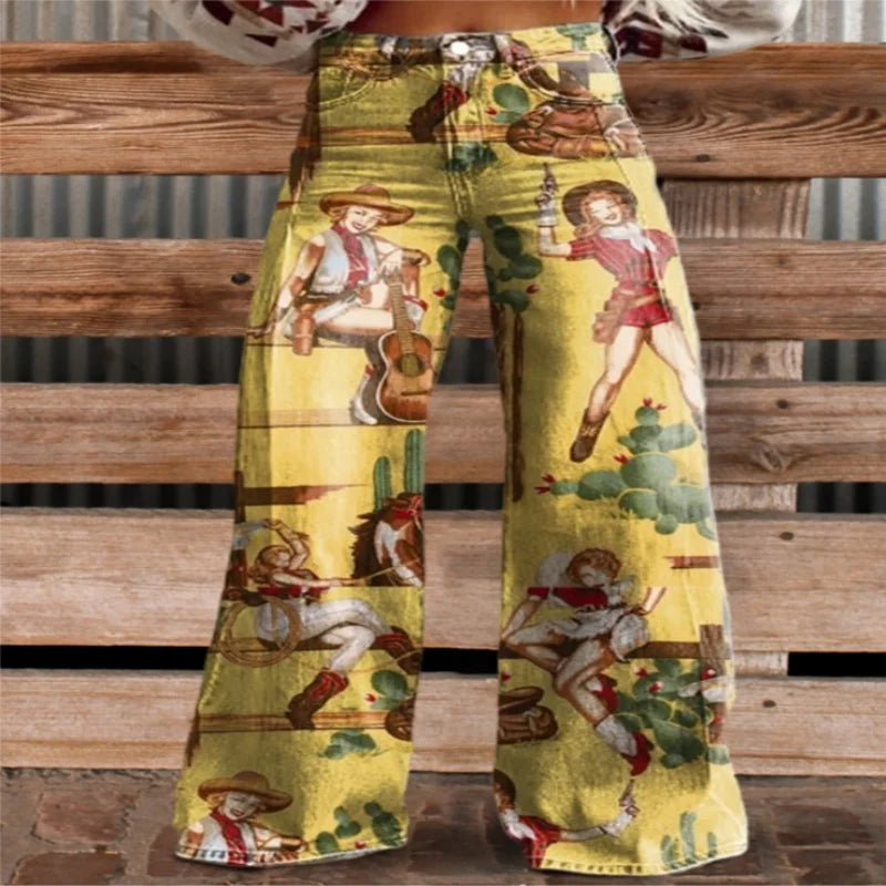 Spring and Summer Women's Long Pants 3D Digital Printing Imitates Denim Thin Fabric Fashion Elements Color Blocked Wide LegPants