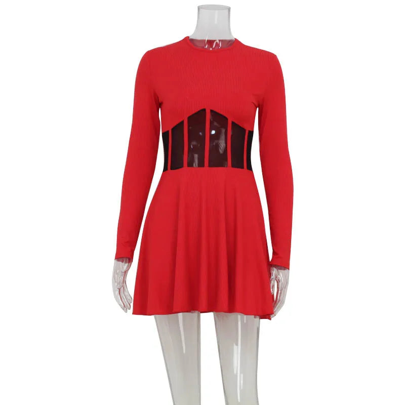 Solid Color Waist Mesh Splicing Design Women's Dress Spring And Summer New Fashion Round Neck Long Sleeve Slim A-line Dress 2025