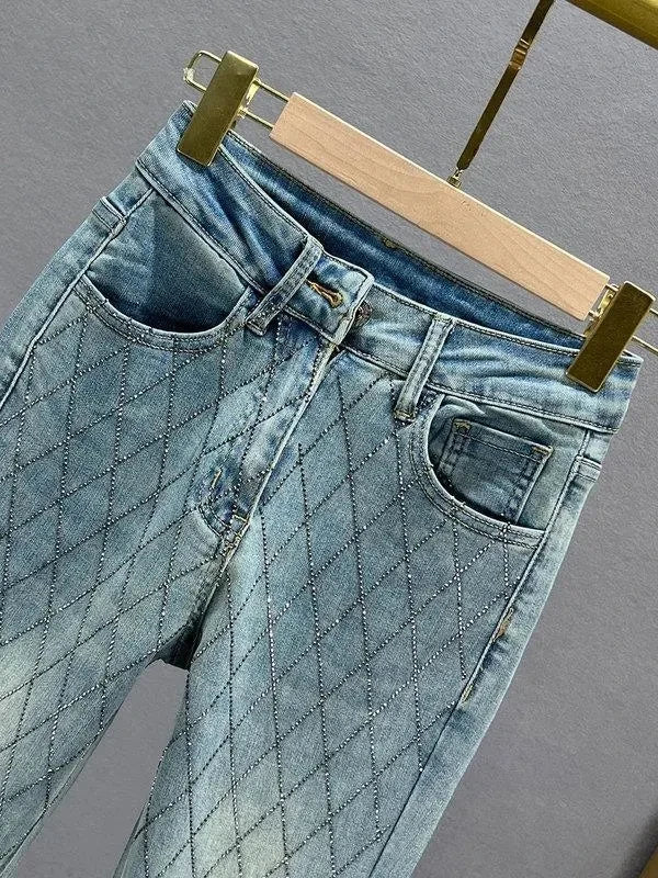 Slim-Fit Denim Micro Flared Pants Female Tide New Fashion Elastic High Waist Rhinestone Button Zipper Temperament Joker Pants