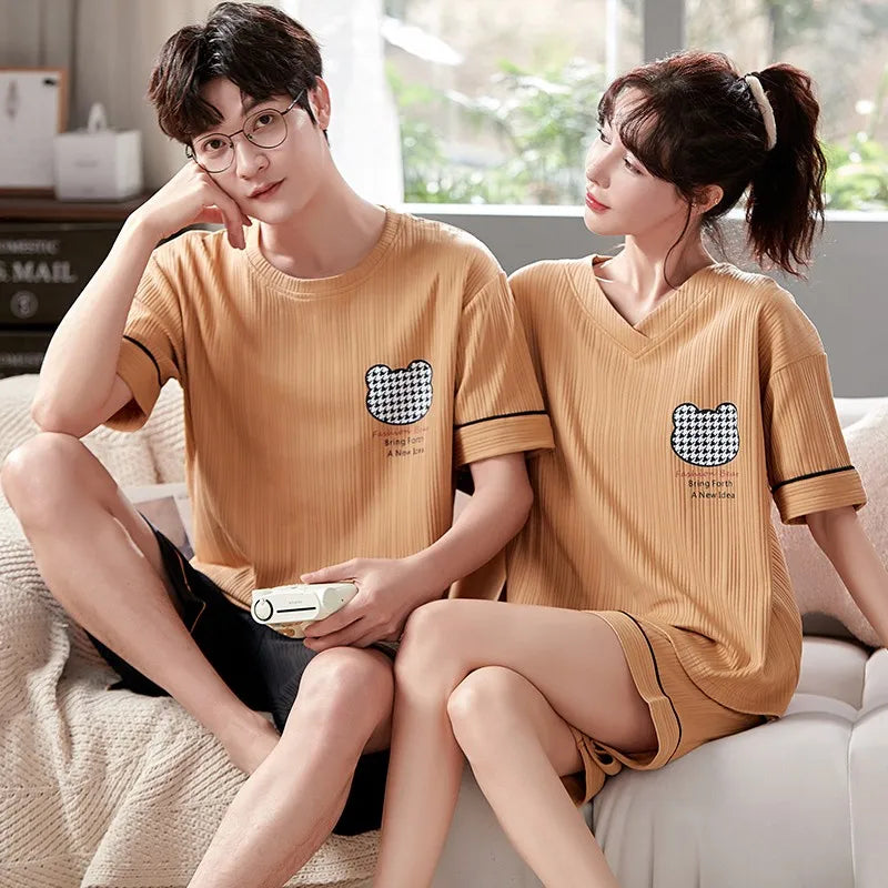 Couples Home Suit Women's Sleepwear Suit Man's Pajamas Set Cotton Short Sleeves Sleep Tops Shorts Pyjamas Nightwear Mujer Homme