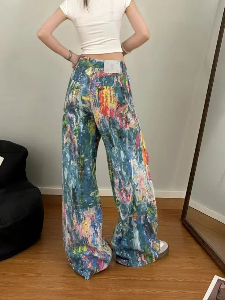 2026 Cyber Y2K Fashion Colorful Graffiti Paint Baggy New Jeans Pants For Women Clothing Gothic Wide Leg Lady Trousers Ropa Mujer
