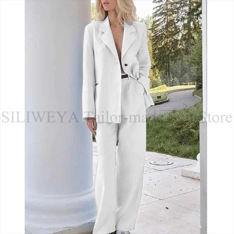 Elegant Light Blue Linen Women Suit Single Brested Jacket Pants 2 Piece Female Clothing Loose Casual Office Lady Balzer Set