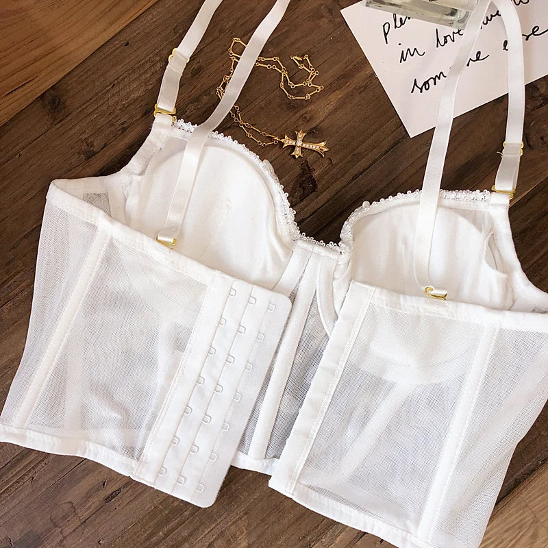 2 Pieces Sexy Lace Flowers Embroidery Underwear Set for Women French Body Shaping Push Up Bra Set Romantic White Lingerie Sets