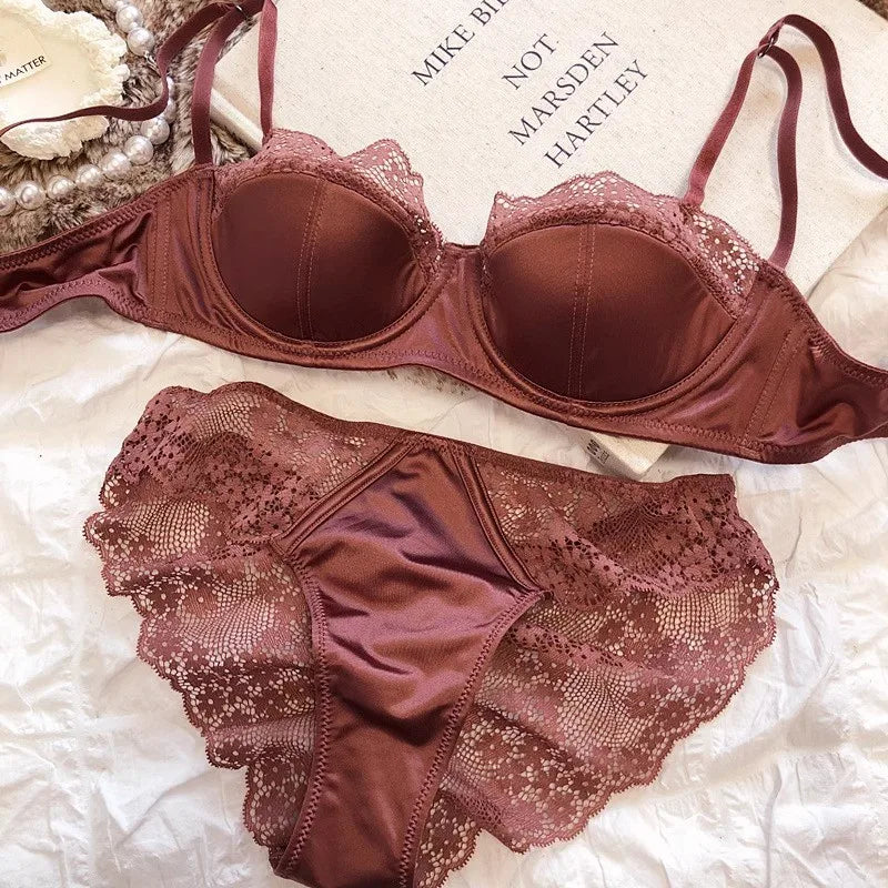Lace Half-Cup Bra and Panty Set for Small Busts, With Soft Underwire to Gather and Lift, And a Sexy, Lightweight Bra Set.