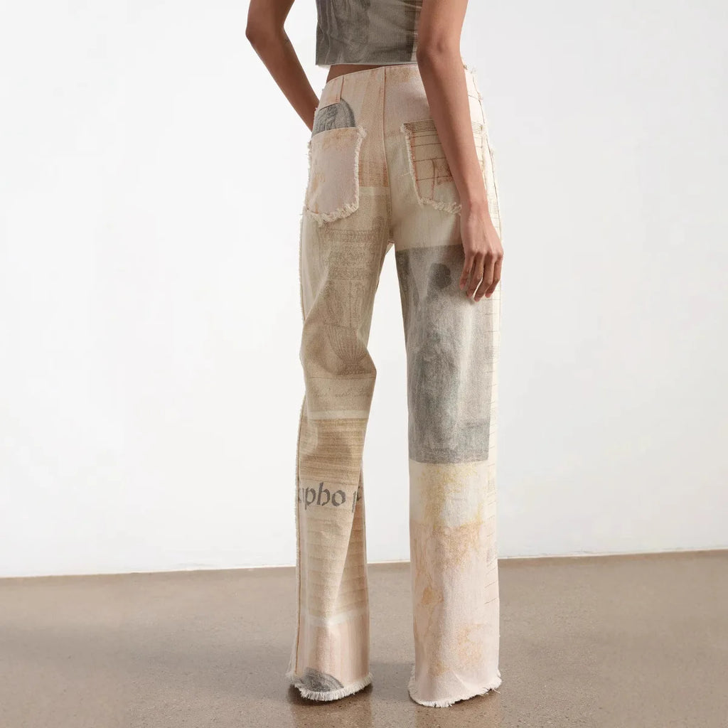 Women's Off White Wide Leg Jeans American Retro Loose Fit Printed Design Floor Length Denim Pants High Waist Trousers