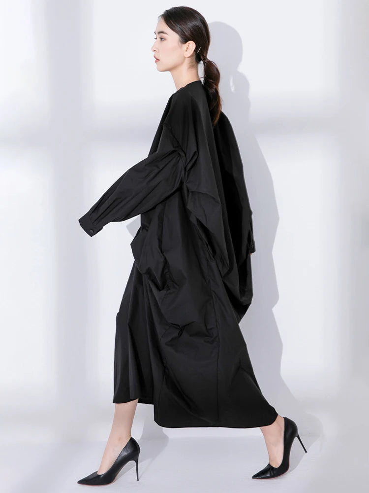 EAM Women Black Big Size Irregular Pleated Dress New Round Neck Long Sleeve Loose Fit Fashion Tide Spring Autumn 2026 31A0020