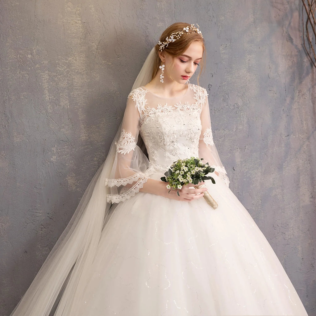 Elegant O-neck Appliques Illusion Lace Tulle Wedding Dresses 2025 Sweep Train Ball Gowns Bridal Gowns Vestido De Noiva