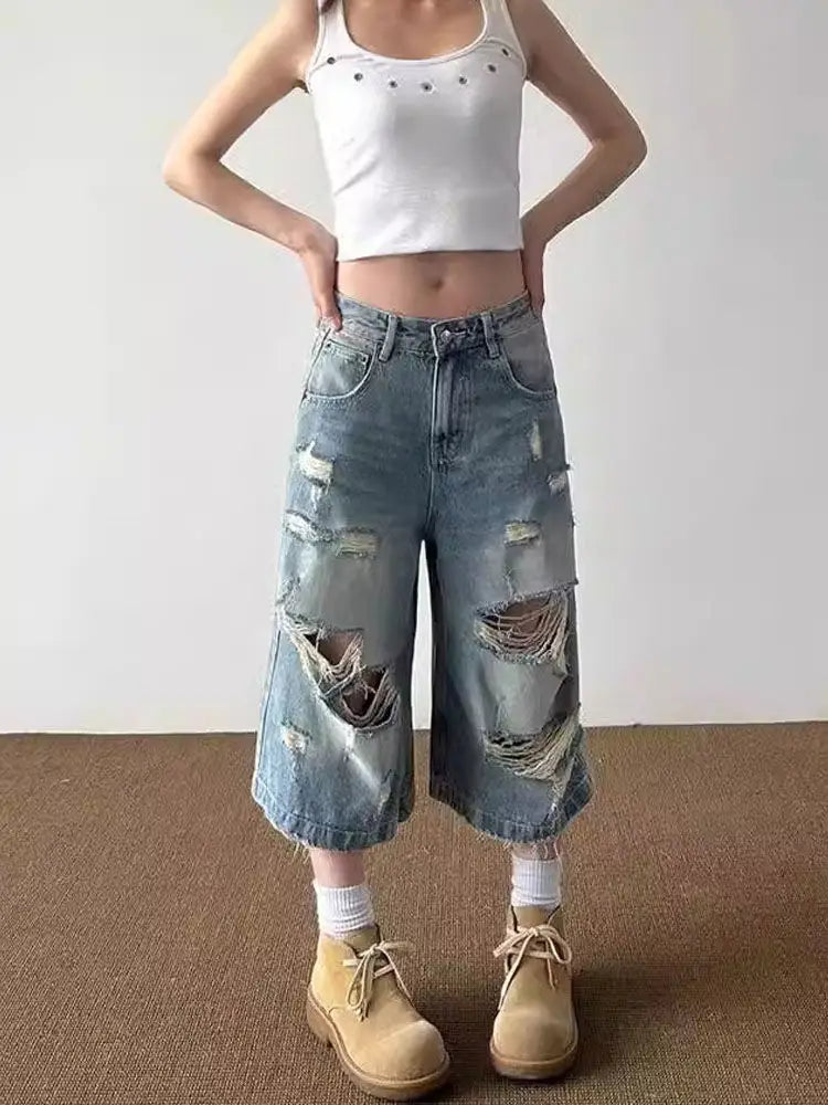 HOUZHOU Vintage Ripped Baggy Short Jeans Women Grunge Distressed Oversized Jorts Y2k Retro Punk Streetwear Wide Leg Denim Shorts