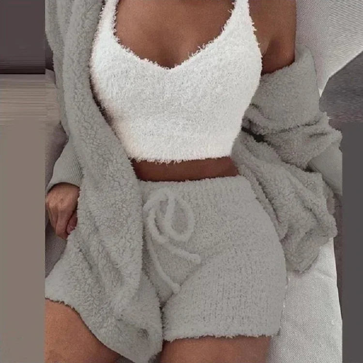 Cozy Knit 3 Pieces Set Fluffy Pajamas Women Casual Sleepwear Tank Top and Shorts Plus Size Hoodie Leisure Homsuit Winter Pijamas