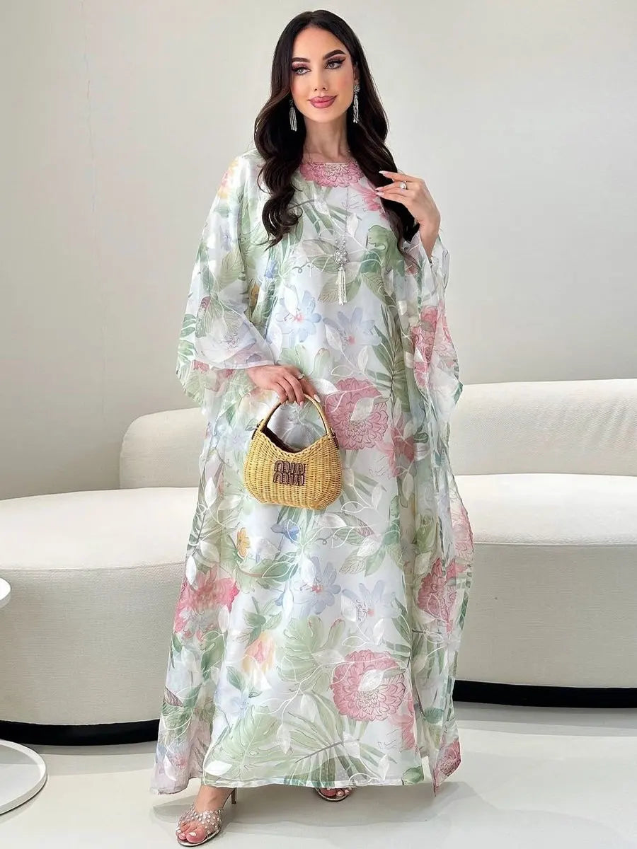 Siskakia Muslim Printing Dress For Woman Batwing Sleeve O-Neck Dubai Abaya Elegant Casual Loose Moroccan Saudi Kaftan Fashion