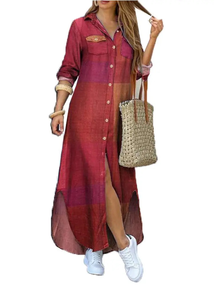 Camouflage Leopard Letters Floral Printed Dresses for Women 2025 Buttons Long Sleeve Loose Split Casual Solid Maxi Dress Robe