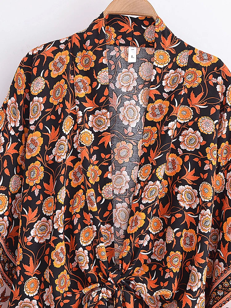 Vintage Women Fashion Boho Kimono Short Robe Swimsuits Floral Batwing Sleeves Rayon Bohemian Bikini Cover Ups Beachwear