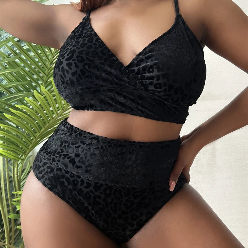 Large Size 4XL Women Leopard Swimsuit Sexy V Neck Backless Bikini Set High Waist Swimwear Push Up Beachwear Bathing Suit Tankini