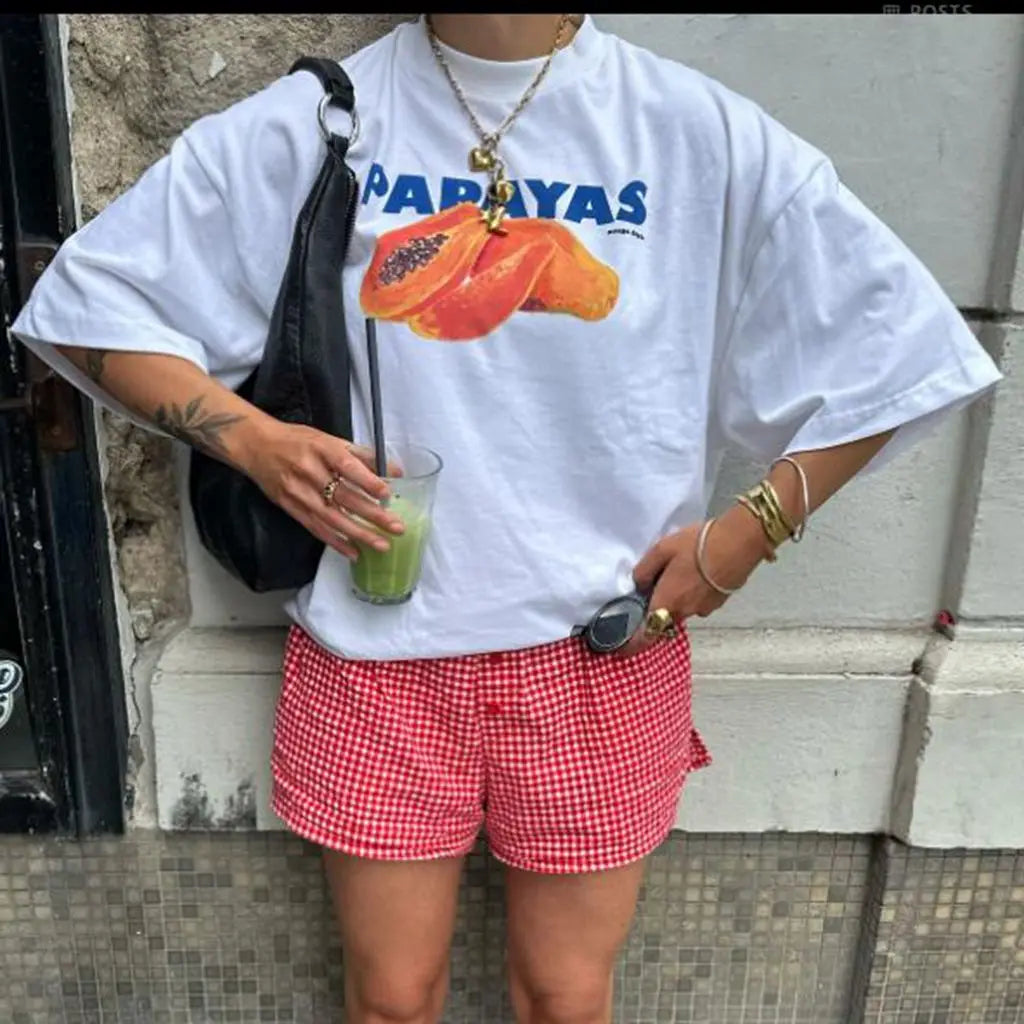 Women's Summer Basic Y2K T-Shirt Chili/ Fig/ Ocean/ Lamp Print Casual Short Sleeve Tops for Streetwear Aesthetic Clothes