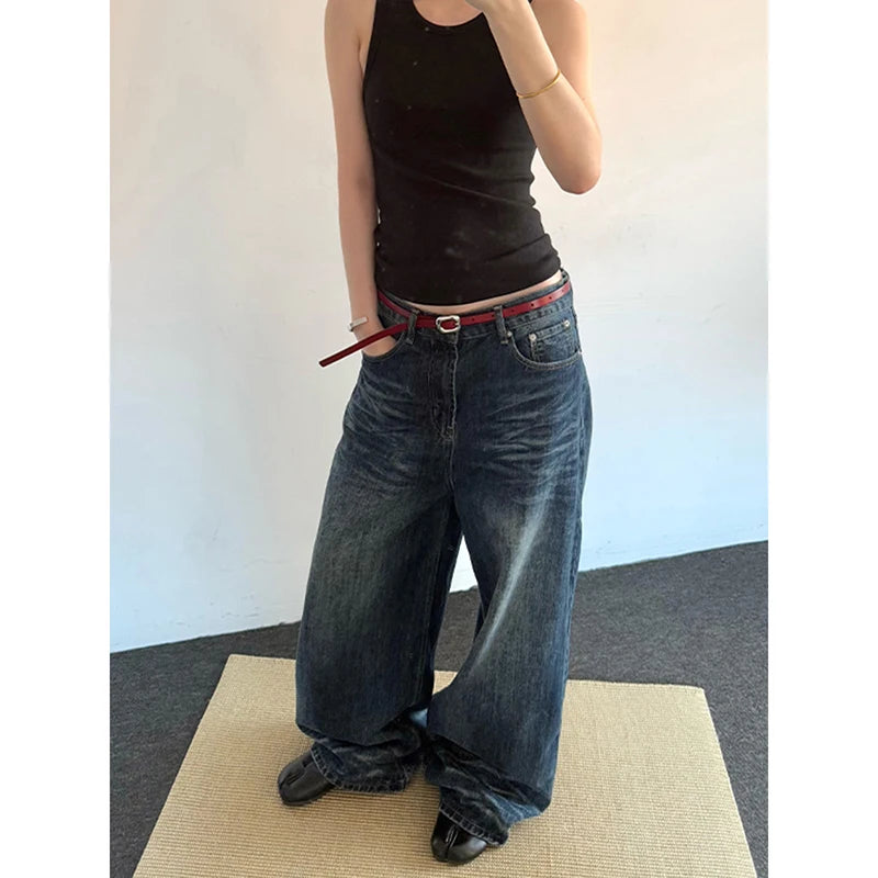 2025 Spring Vintage 2000s Loose Washed Do Old Wide Leg Pants Women's Harajuku Casual Jeans Y2K Baggy Blue Denim Trouser