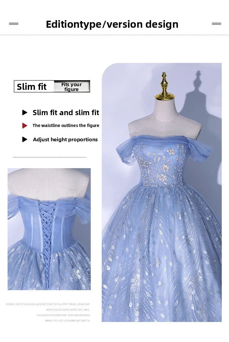 One Shoulder Evening Dress 2026 Summer New Haze Blue Vocal Art Exam Piano Performance Puffy Skirt Annual Meeting Evening Dress