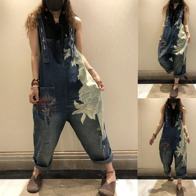 Amax luluE 2025 Korean Fashion Spring Female Printed Denim Overalls Ladies Vintage Casual Jeans Women Loose Trousers Wide Pants