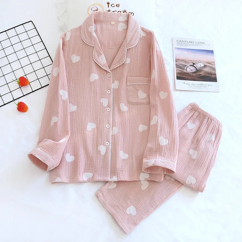 Summer women's 2-piece set of 100% pure cotton women's sleepwear bedroom set long sleeved+long pants women's sleepwear