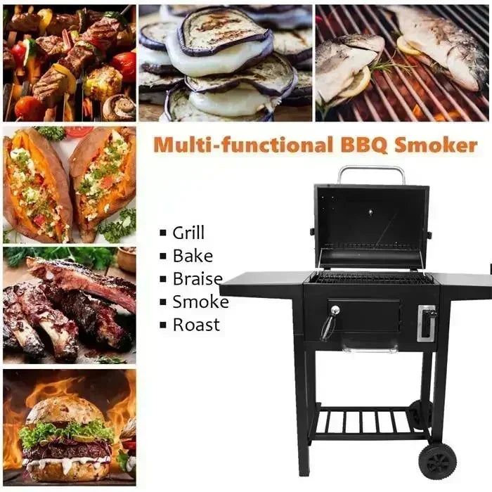 Large Charcoal Grill Smoker BBQ Grill Outdoor Camping Stove with Wheels Heavy Duty Portable Barbecue for Home Party Garden
