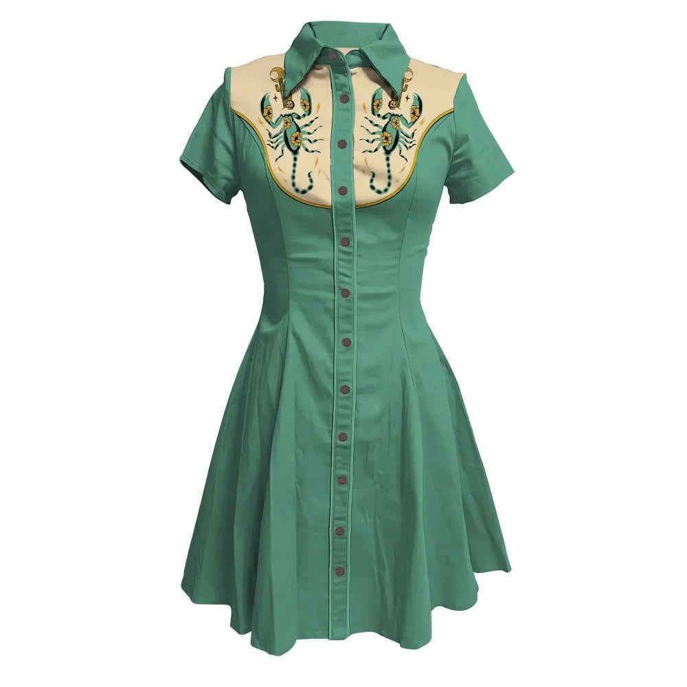 Flowers and Scorpions Printed Western Cowboy Dress for Women Sexy Girly Button-down Dress Short Sleeves 100% Cotton Summer Dress