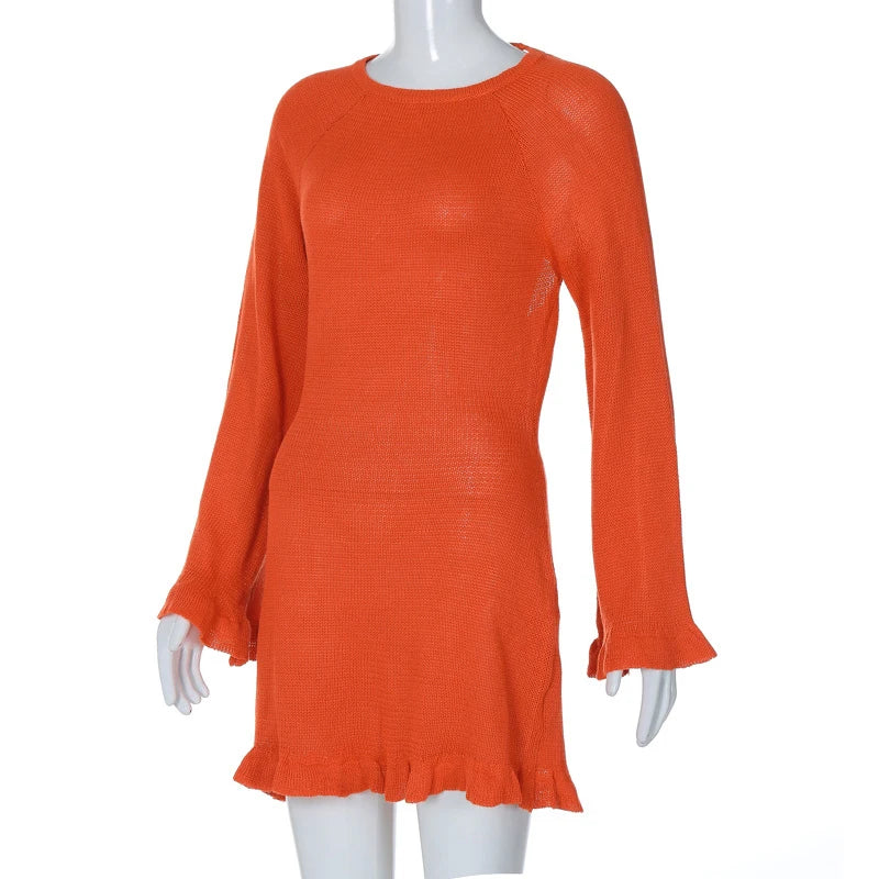 2026 Women Ins Style Sexy Backless Neck-hanging Long Sleeve Fishtail Dress Knit Beachwear Summer Swimsuit Bikini Cover-ups A2825