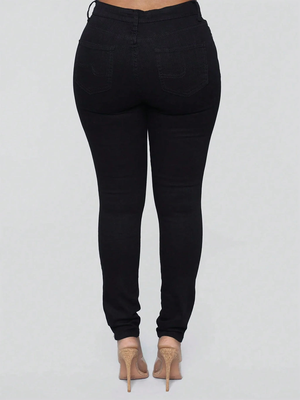 Women Slim-Fit Stretchy Ripped Jeans Button Zipper Pockets Stylish Casual Comfortable Denim Pants-Solid Color Black