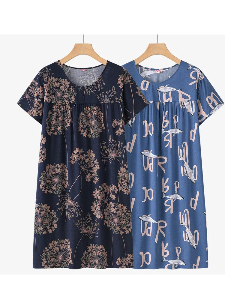 Middle-Aged and Elderly Cotton Silk Short-Sleeved Nightgown Homewear Women New Pajamas Thin Section Loose Homewear Dress Summer