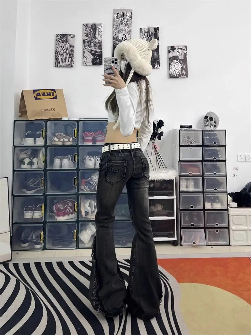 New high street retro hottie micro-flare jeans women American Y2k autumn and winter raw edge splicing slim trousers