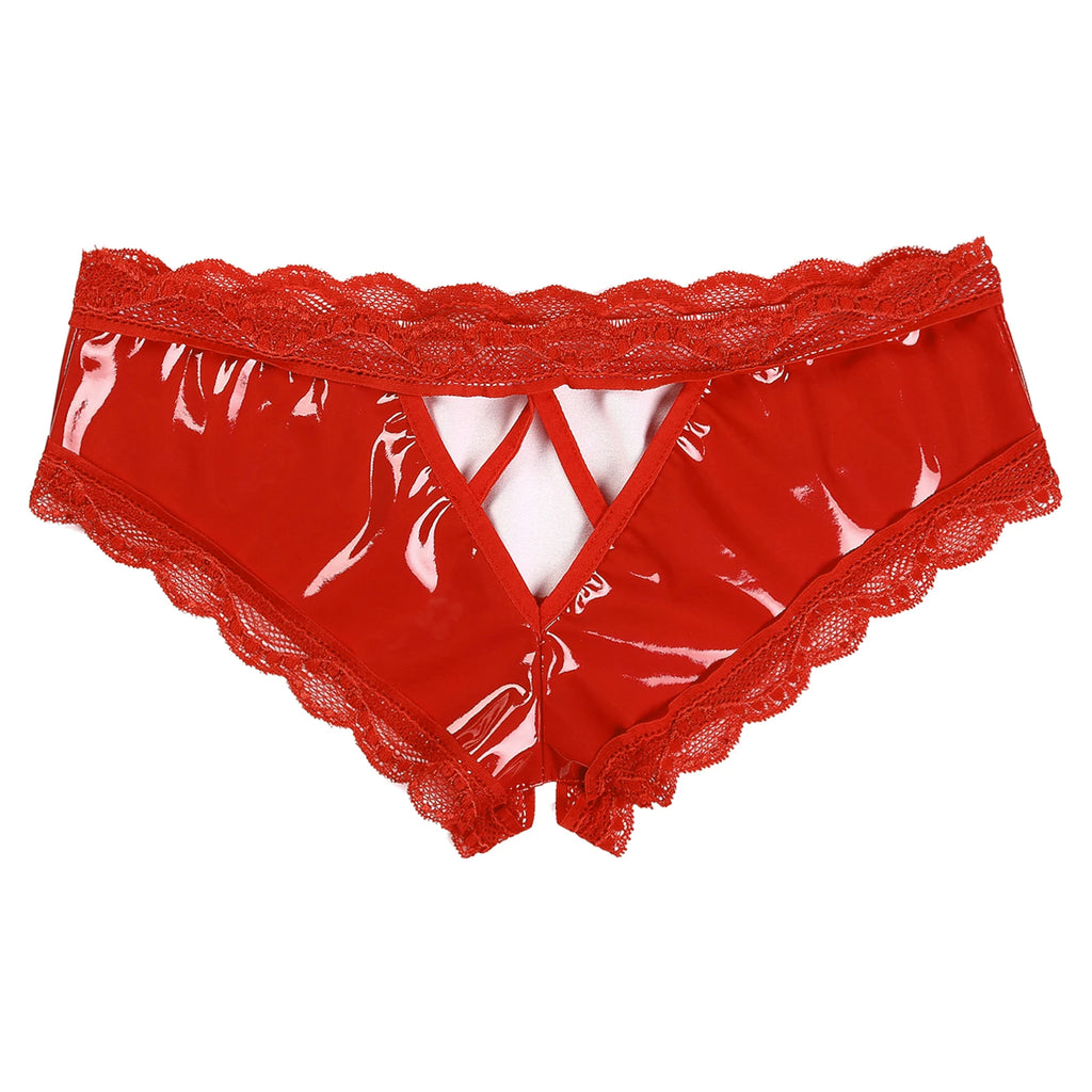 Lingerie for Ladies Women's Erotic Panties Crotch Open Sex Wet Look Porn Underwear Patent Leather Lace V-Back mujer Mini Briefs