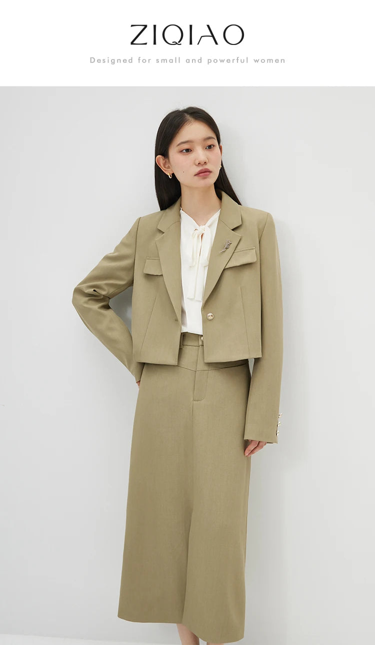 ZIQIAO Temperament One-button Brooch Short Suit for Women Spring Chic Commuter Straight Long Skirt + Short Blazer Jacket Female
