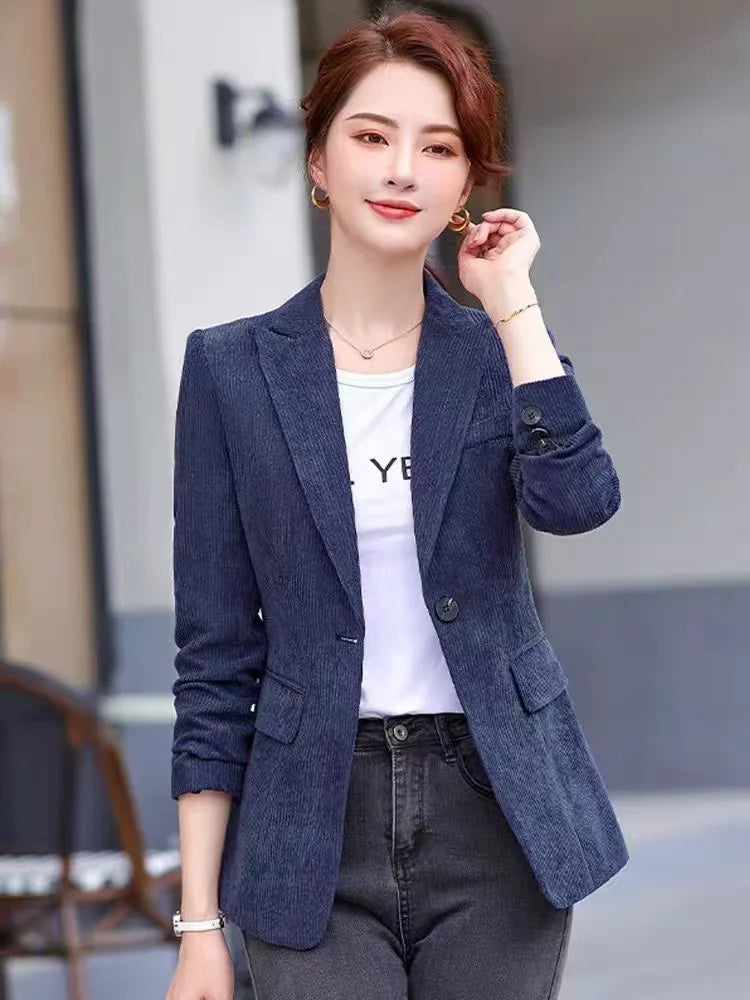 Women's Long-Sleeved Corduroy Jacket, Casual Small Suit, Formal Wear, Slim, Slimming Monochromatic, Fashion, Spring, Autumn, New