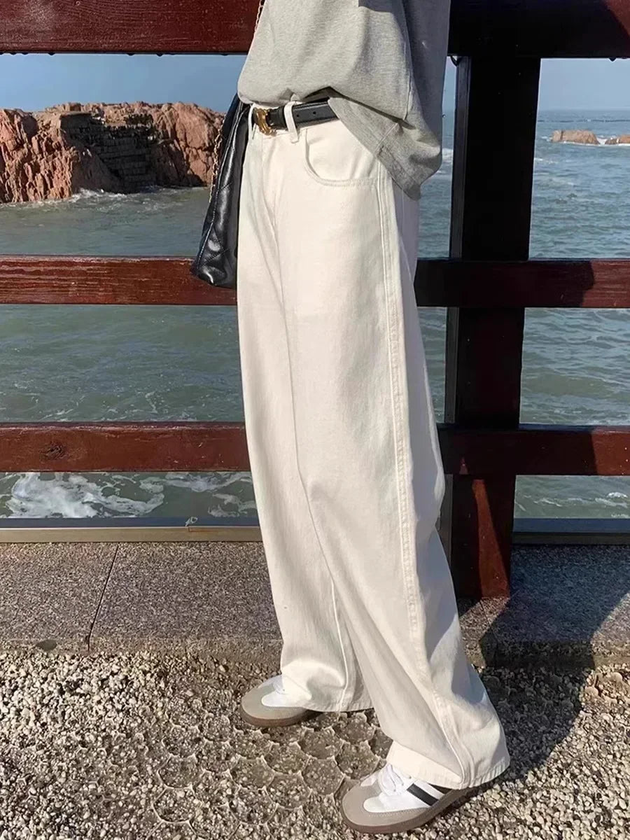 ZOENOVA 2024 New Straight Jeans Women White Plus size High Waist Loose Wide Leg Pants Spring Baggy Korean Fashion Pants