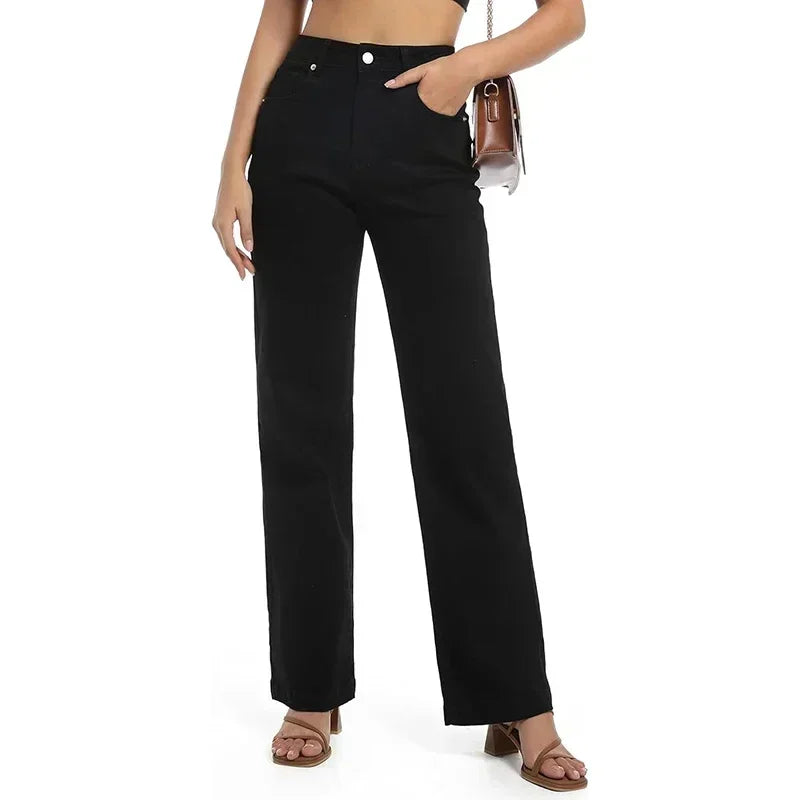 Women High Waist Straight Leg Jeans Female Comfortable Stretch Basic Denim Pants Woman Classic Cheap Black Gray White Trousers