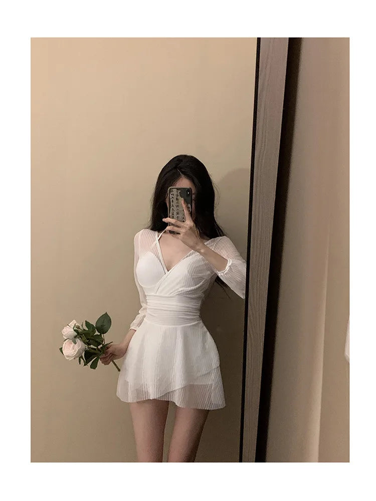 Swimsuit Women's One-piece Dress Style Conservative Belly-covering and Slimming Hot Spring Long-sleeved Sun Protection Vacation