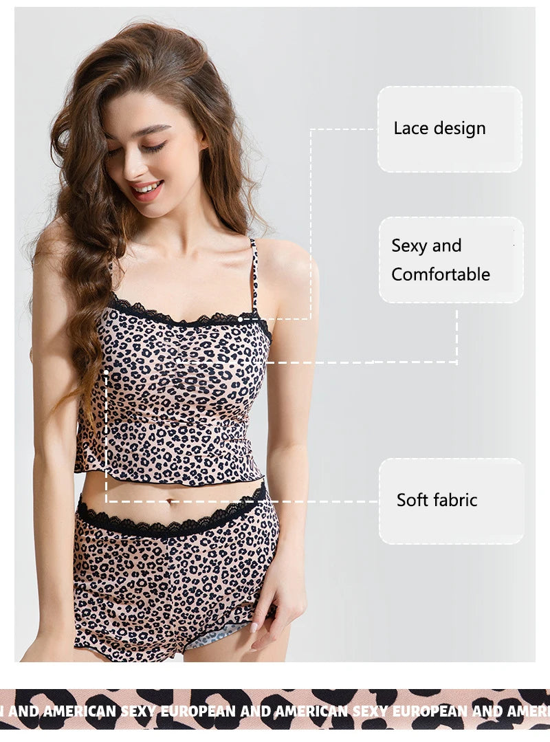 Logirlve Sexy Lace Patchwork Camisoles Backless Retro Leopard Print Halter Top Women's Summer New Sleeveless Outerwear Set