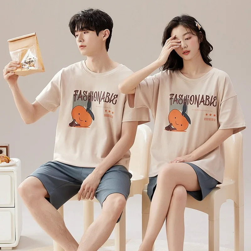 Couples Home Suit Women's Sleepwear Suit Man's Pajamas Set Cotton Short Sleeves Sleep Tops Shorts Pyjamas Nightwear Mujer Homme