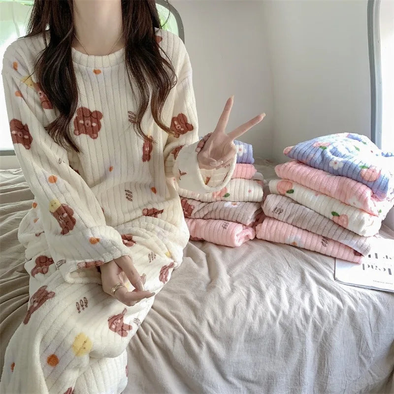2 Piece Set Warm Sleepwear for Winter Women Printed Bear Coral Velvet Pajamas Student Flannel Loungewear Round Neck Nightwear