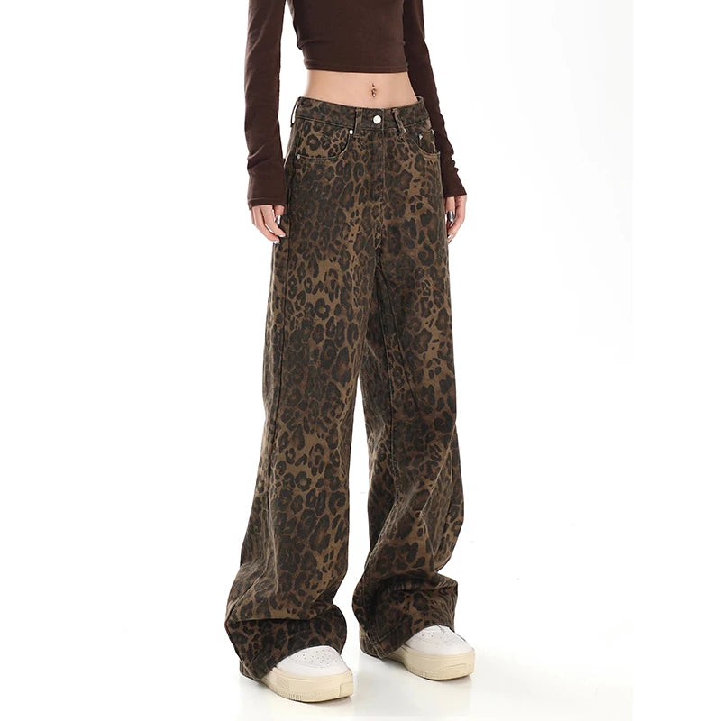American Retro High Street Casual Overalls Leopard Print Loose Wide Leg Pants For Women Y2k Hip-hop Cargo Grunge Baggy Trousers