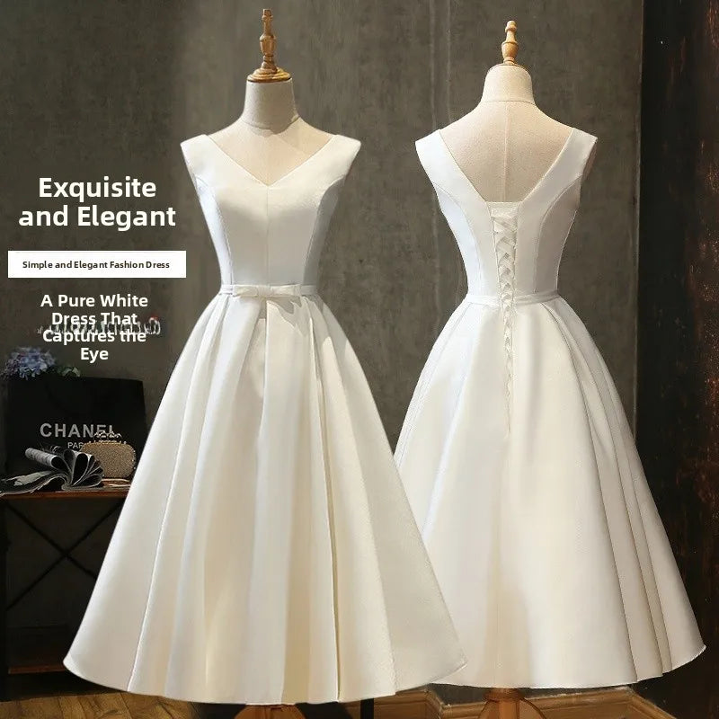 White V-Ne Mid-Length Evening Gown 2024 Sle Ele Slimming Sister's Dr for Wedding Par Celebration