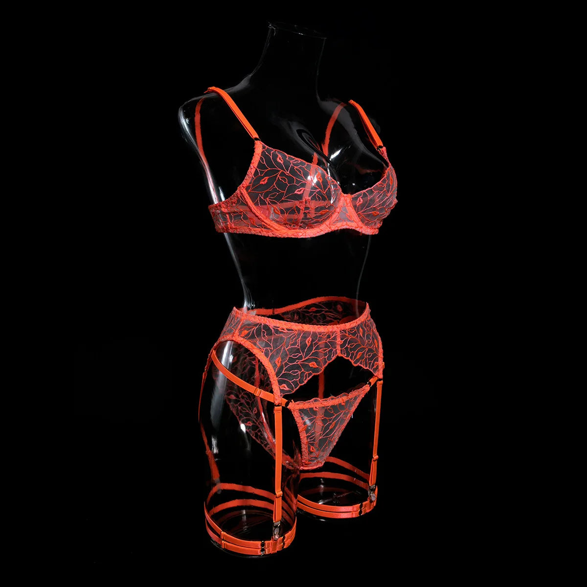Krasapt Sexy Orange Transparent Lips Embroidery 3pcs Fancy Woman Bra And Panty Underwear Set With Leg Rings Erotic Lingerie Sets