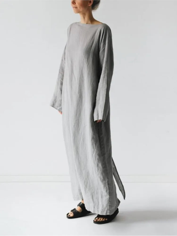 Fall Long Sleeve Loose Cotton Linen Dress Women 2024 Fashion Casual Solid New Lace-up Bow Maxi Dresses Elegant Vestidos