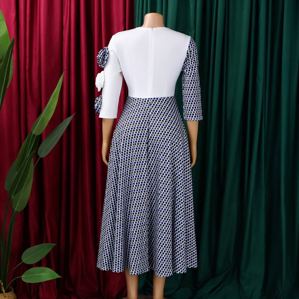 Elegant Dresses for Women 2026 Fall Fashion African 3/4 Sleeve Party Birthday New Robe Chic 3D Flower Plaid Evening A-Line Dress