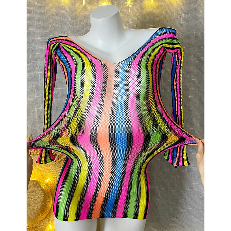 1PC Women Fishnet Cover Up Without Bikini Sexy Lingerie See Through Hollow Out Bodycon Dress Long Sleeve Beachwear CT011