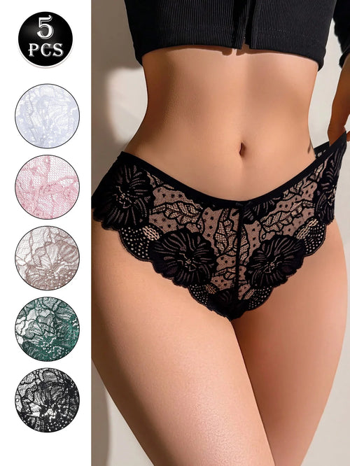 5PCS Women Floral Lace Panties Sexy Perspective Underwear Low Waist Solid Underpants Breathable Intimates Female Lingerie M-XL