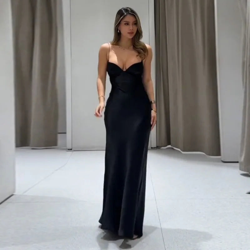 Sexy Satin Long Sling Dress Women Square Collar Sleeveless Backless Pleated Dresses Female 2026 Spring Lady Party Evening Robes