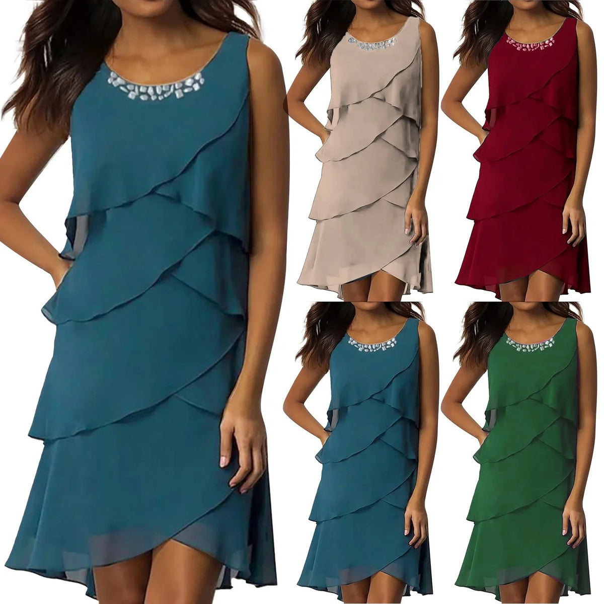 Women's Elegant Layered Ruffles Chiffon Dresses Solid Color Sleeveless Flowy Party Dress With Diamond Vestidos Summer Sundress